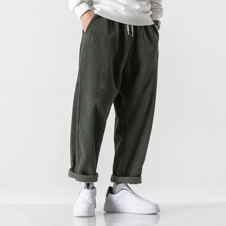 Corduroy Joggers - Men's Loose Fit Straight Leg Corduroy Trousers-Grace Aura