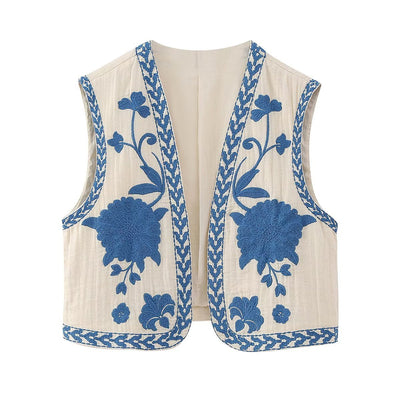 Cropped Vest | Embroidered | Open Front | Vintage Vest | Women's Clothing-Grace Aura