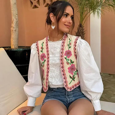 Cropped Vest | Embroidered | Open Front | Vintage Vest | Women's Clothing-Grace Aura