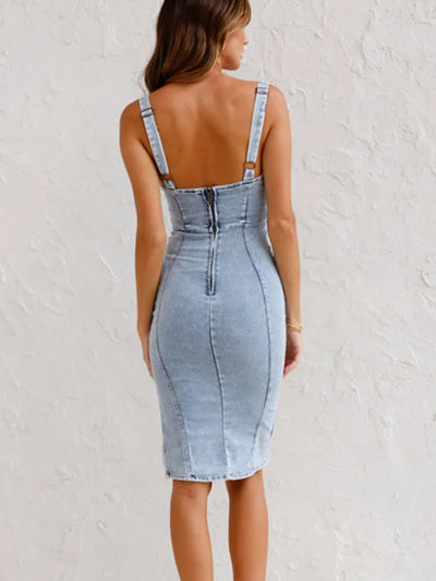 Denim Dress - Adjustable Straps - Knee Length - Casual Dress - Bodycon Dress-Grace Aura