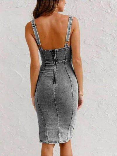 Denim Dress - Adjustable Straps - Knee Length - Casual Dress - Bodycon Dress-Grace Aura