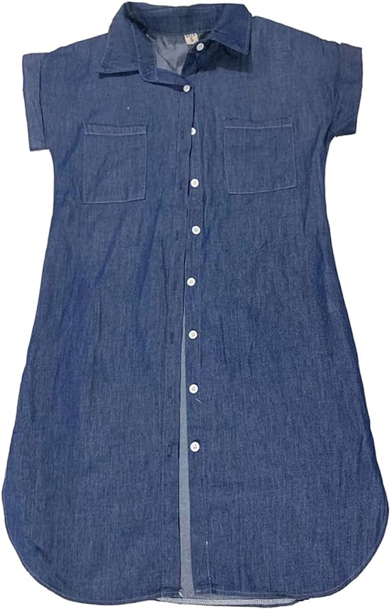 Denim Dress - Short Sleeve - Loose Fit - Shirt Dress - Button-Up Dress-Grace Aura