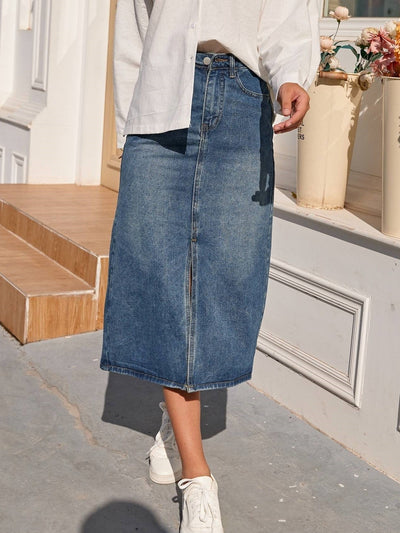 Denim Skirt | High Waisted | Slit | Pencil Skirt | Midi Skirt-Grace Aura