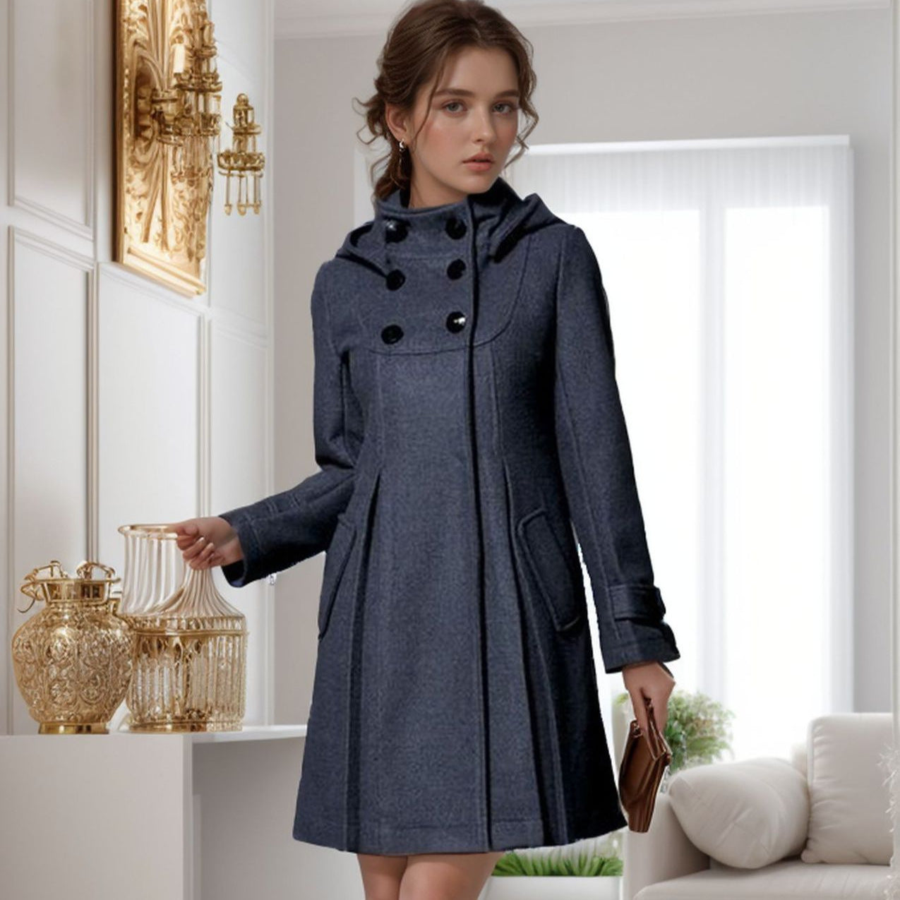 Dress Coat - Hooded - Mid Length - Trench Coat - Women's Jackets-Grace Aura