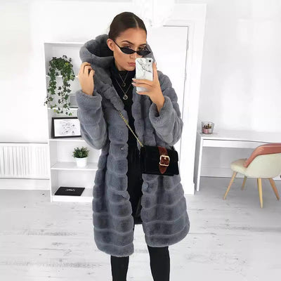 Faux Fur Coat | Hooded | Mid Length | Faux Fluffy Coat | Women's Winter Jacket -Grace Aura