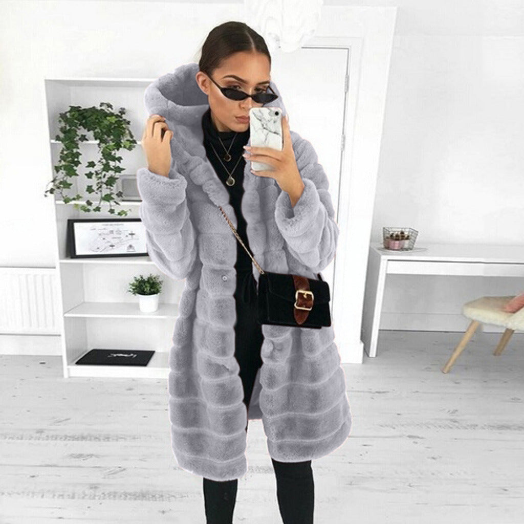 Faux Fur Coat | Hooded | Mid Length | Faux Fluffy Coat | Women's Winter Jacket -Grace Aura