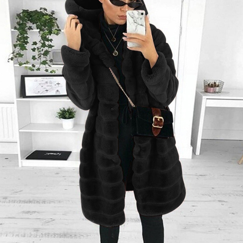 Faux Fur Coat | Hooded | Mid Length | Faux Fluffy Coat | Women's Winter Jacket -Grace Aura