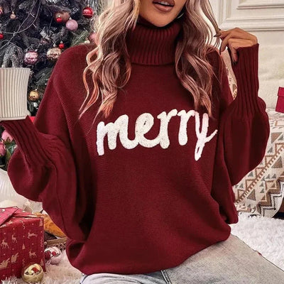 Festive "Merry" Turtleneck Sweater-Grace Aura