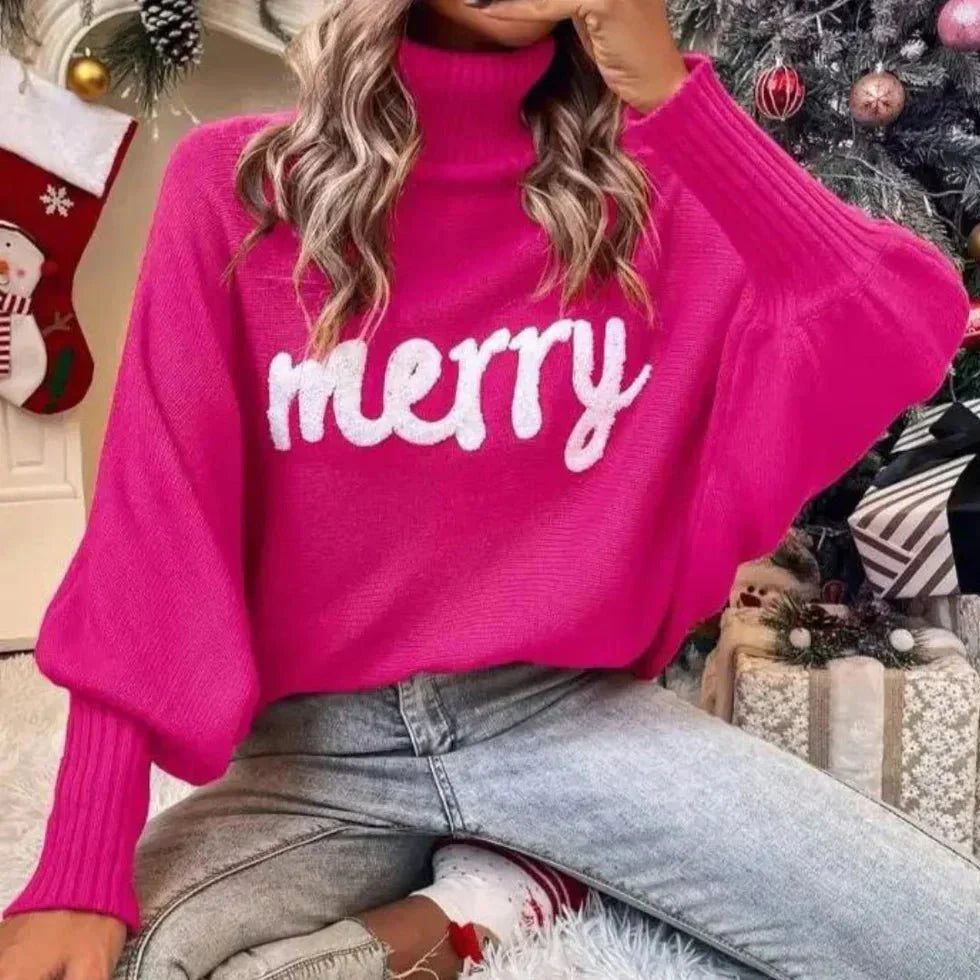 Festive "Merry" Turtleneck Sweater-Grace Aura