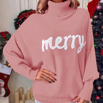 Festive "Merry" Turtleneck Sweater-Grace Aura