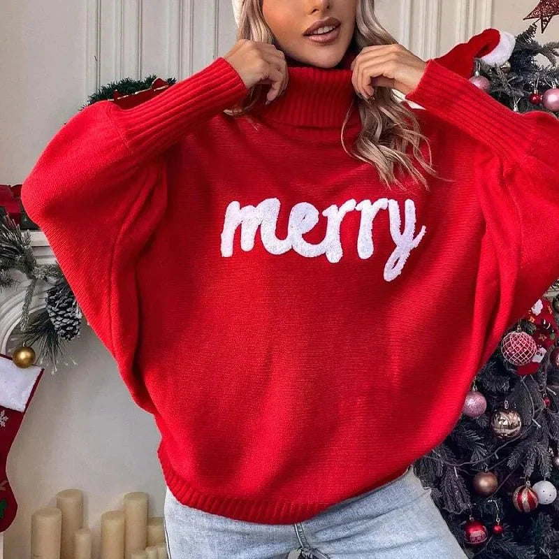 Festive "Merry" Turtleneck Sweater-Grace Aura