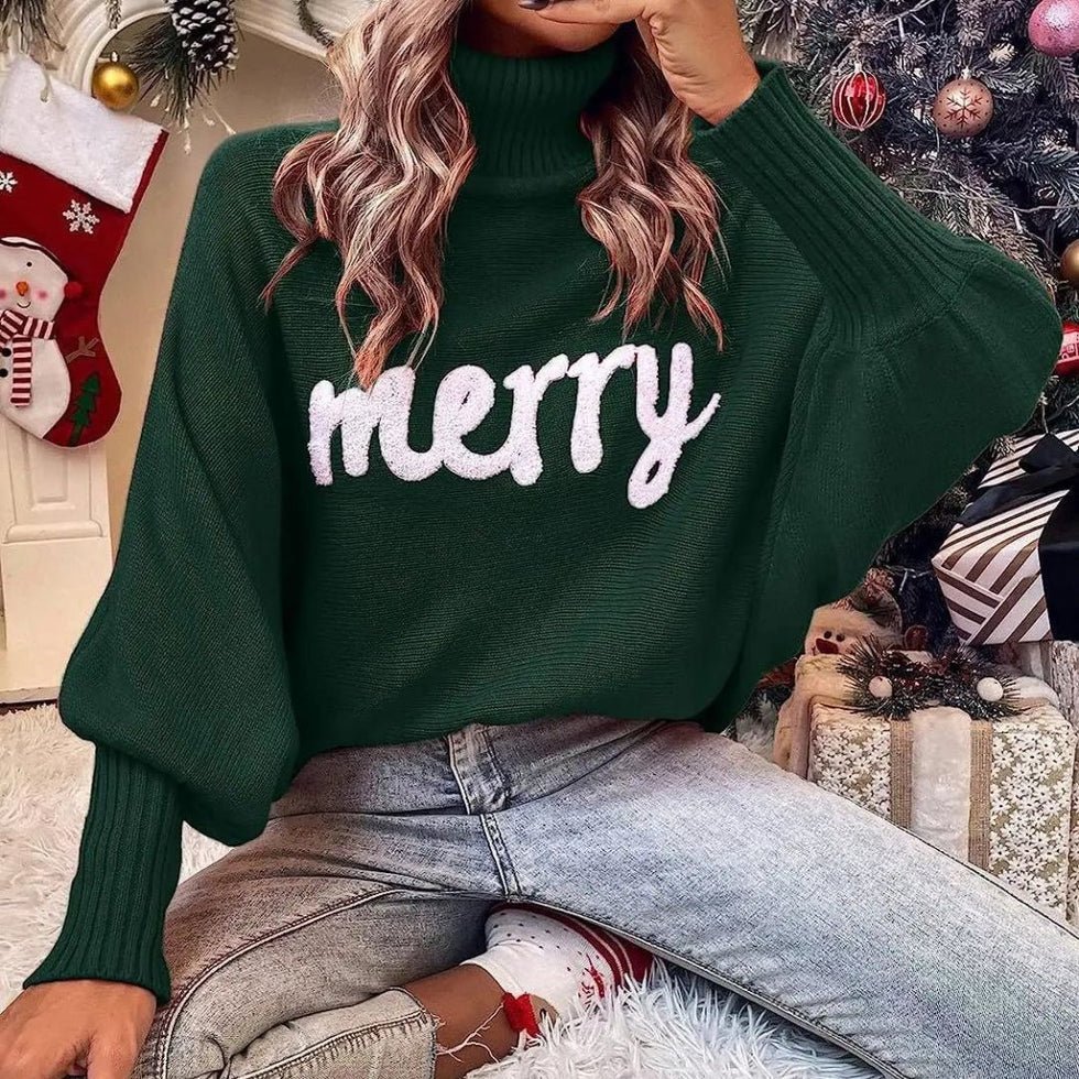 Festive "Merry" Turtleneck Sweater-Grace Aura