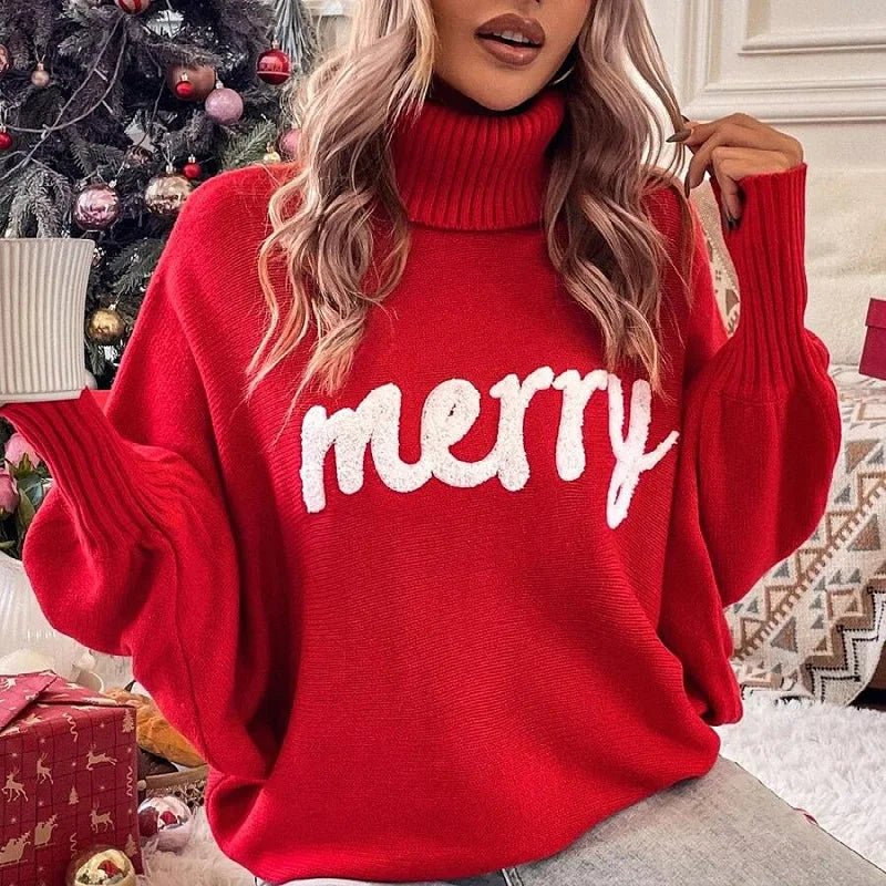 Festive "Merry" Turtleneck Sweater-Grace Aura