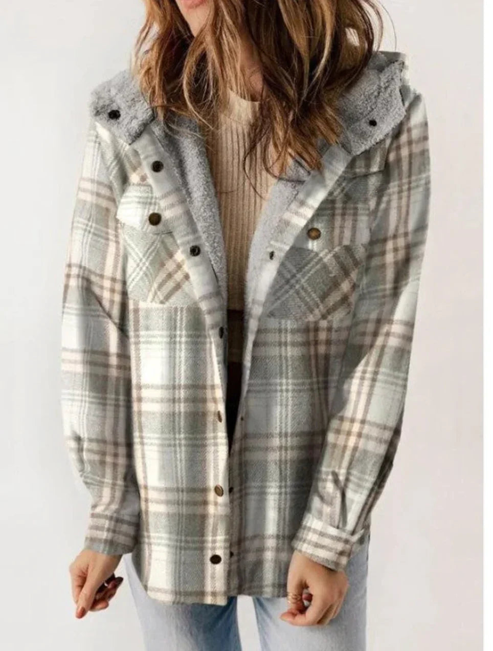 Flannel Jacket - Plaid - Hooded - Fleece Lined Jacket - Women's Jacket-Grace Aura