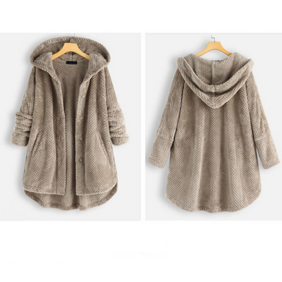 Fleece Coat Jacket - Women's Hooded Mid Length Loose Fit Winter Jacket-Grace Aura