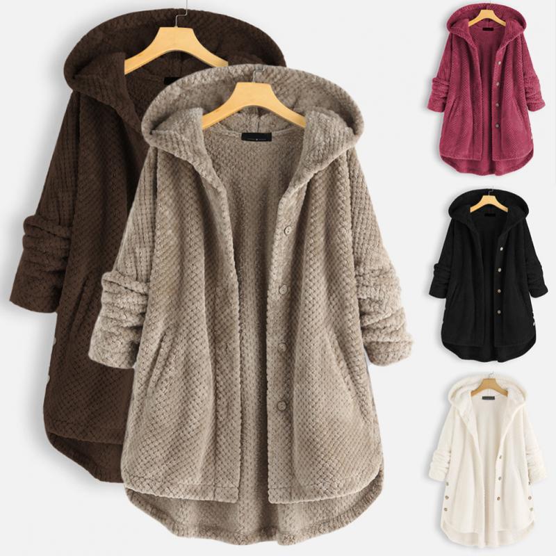 Fleece Coat Jacket - Women's Hooded Mid Length Loose Fit Winter Jacket-Grace Aura