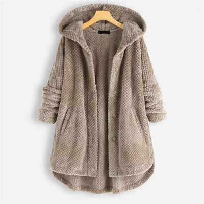 Fleece Coat Jacket - Women's Hooded Mid Length Loose Fit Winter Jacket-Grace Aura