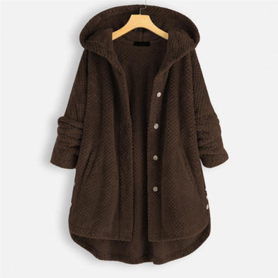 Fleece Coat Jacket - Women's Hooded Mid Length Loose Fit Winter Jacket-Grace Aura