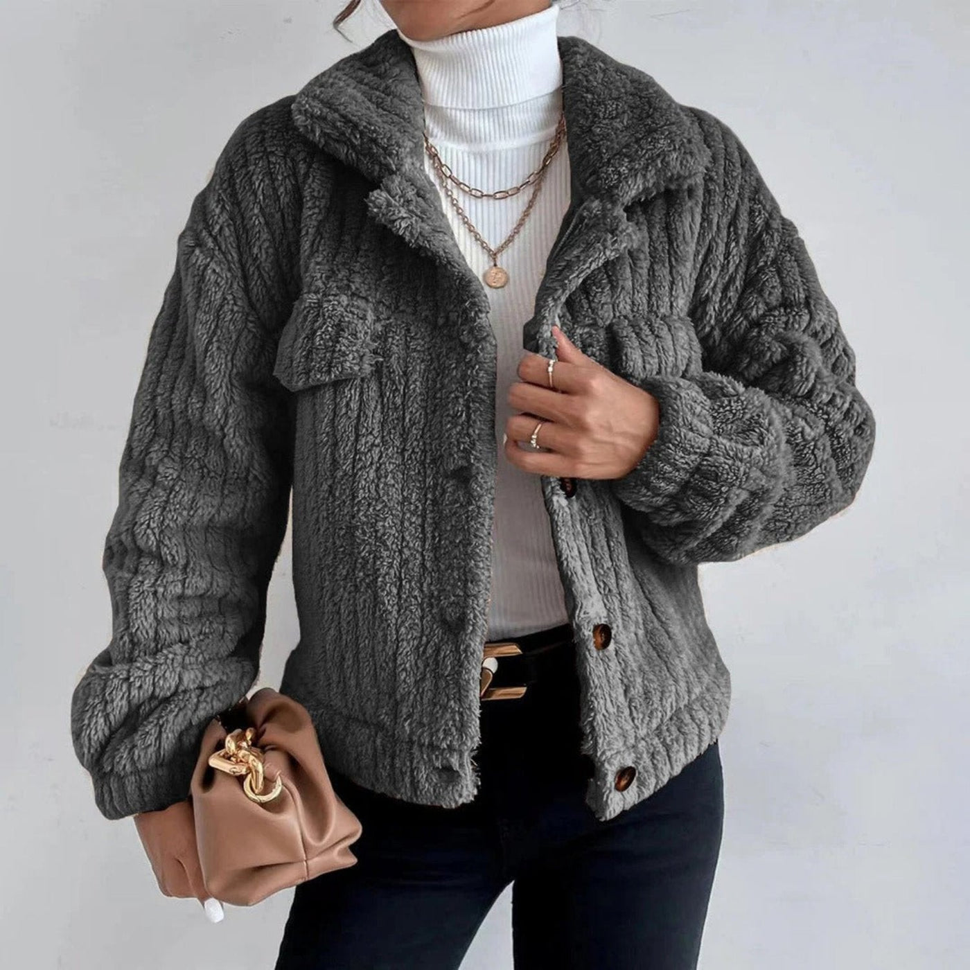 Fleece Jacket - Women's Short Button-Up Faux Fur Jacket for Winter-Grace Aura