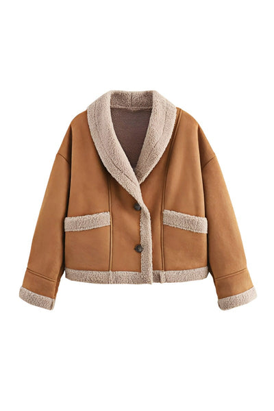 Fleece Lined Jacket - Brown - Teddy Lined - Suede Winter Jacket - Women's Winter Jacket  -Grace Aura