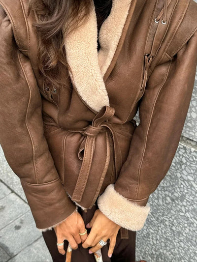 Fleece Lined Leather Jacket | Brown | Belt | Faux Fur Leather Jacket | Women's Leather Jacket-Grace Aura