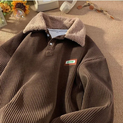 Fleece Sweater Pullover - Warm - Button-Up - Corduroy Pullover - Men's Winter Clothes-Grace Aura