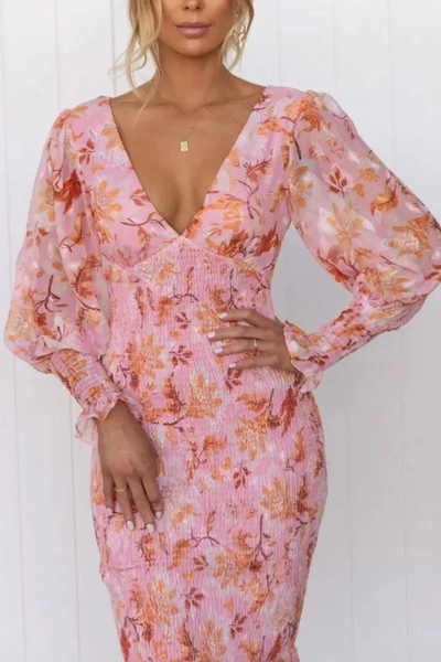 Floral Dress - Long Sleeve - V-Neck - Elegant Dress - Midi Dress-Grace Aura