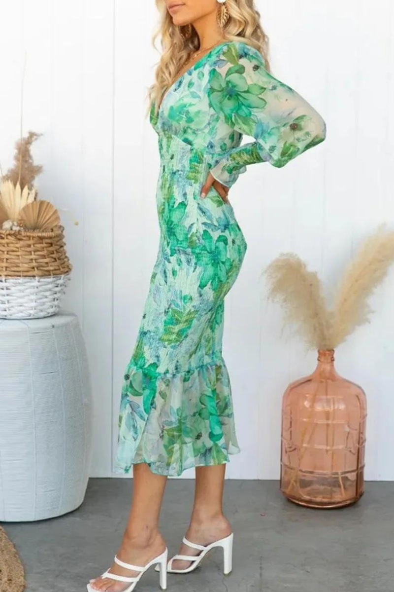 Floral Dress - Long Sleeve - V-Neck - Elegant Dress - Midi Dress-Grace Aura