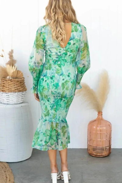 Floral Dress - Long Sleeve - V-Neck - Elegant Dress - Midi Dress-Grace Aura