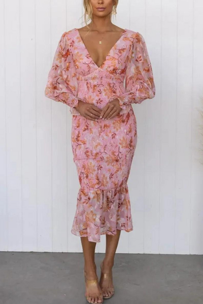 Floral Dress - Long Sleeve - V-Neck - Elegant Dress - Midi Dress-Grace Aura