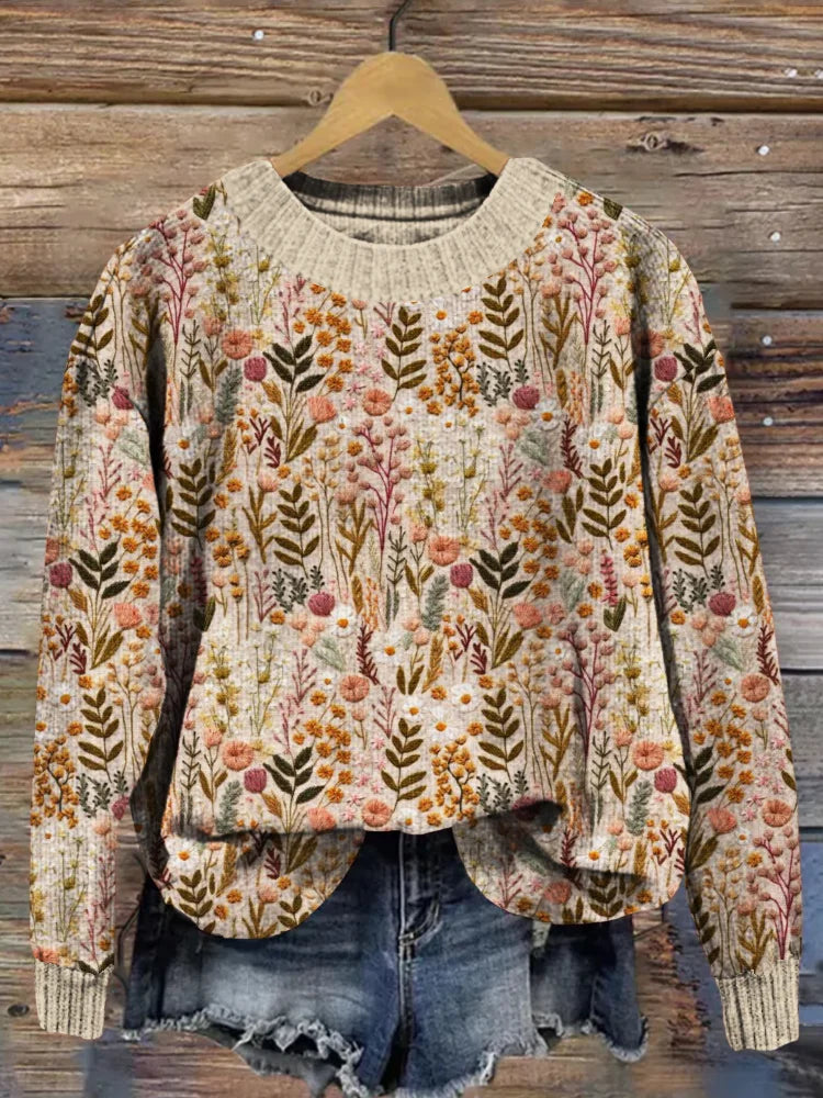 Floral Sweater | Crew Neck | Comfy | Knitted Jumper | Women's Knitwear-Grace Aura