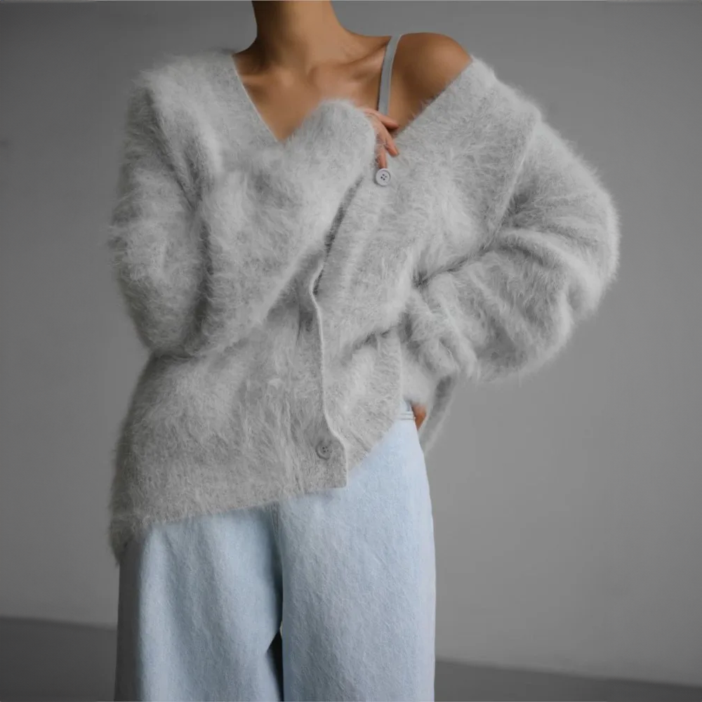 Fluffy Cardigan - Oversized - Button-Up - Knitted Cardigan - Women's Knitwear-Grace Aura