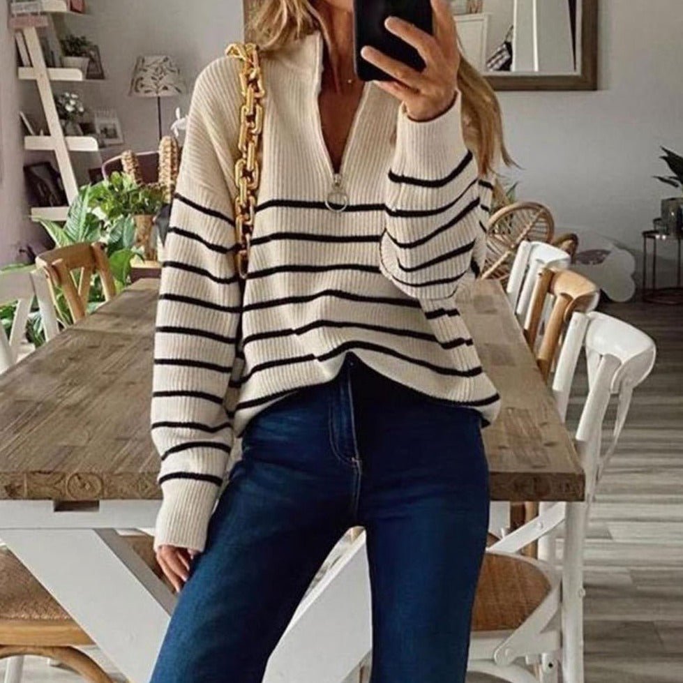 Half Zip Sweater - Knitted - Striped - Pullover Sweater - Women's Knitwear-Grace Aura