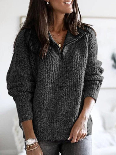 Half-Zip Sweater - Loose Fit - Pullover - Knitted Sweater - Women's Winter Clothes-Grace Aura