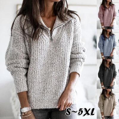 Half-Zip Sweater - Loose Fit - Pullover - Knitted Sweater - Women's Winter Clothes-Grace Aura