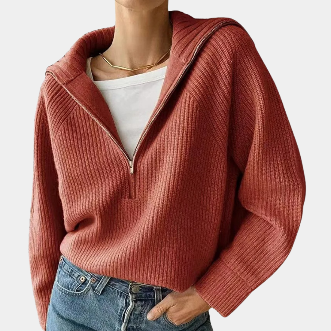 Half-Zip Sweater - Loose Fit - V-Neck - Knitted Jumper - Women's Winter Clothes-Grace Aura