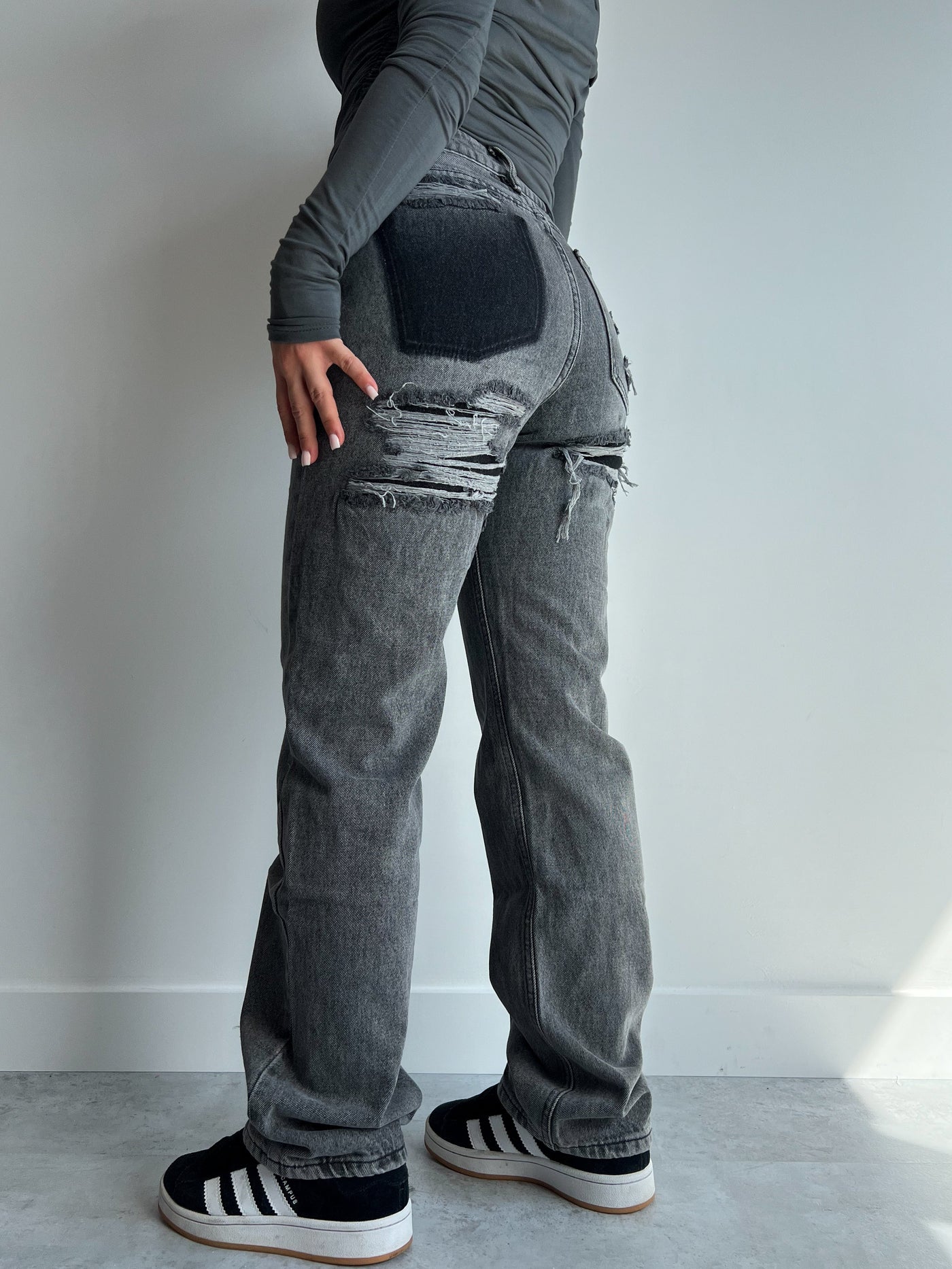 High Waisted Jeans | Ripped | Gray | Straight Leg Jeans | Women's Jeans-Grace Aura