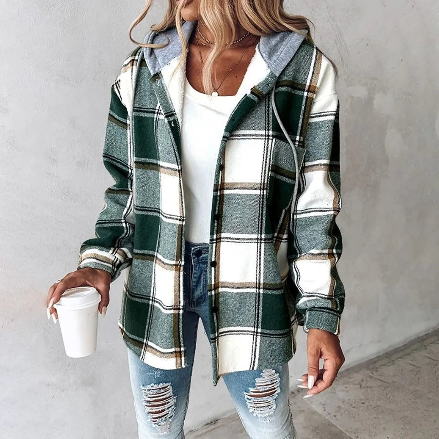 Hooded Jacket - Women's Plaid Fleece Lined Overshirt Jacket for Autumn-Grace Aura