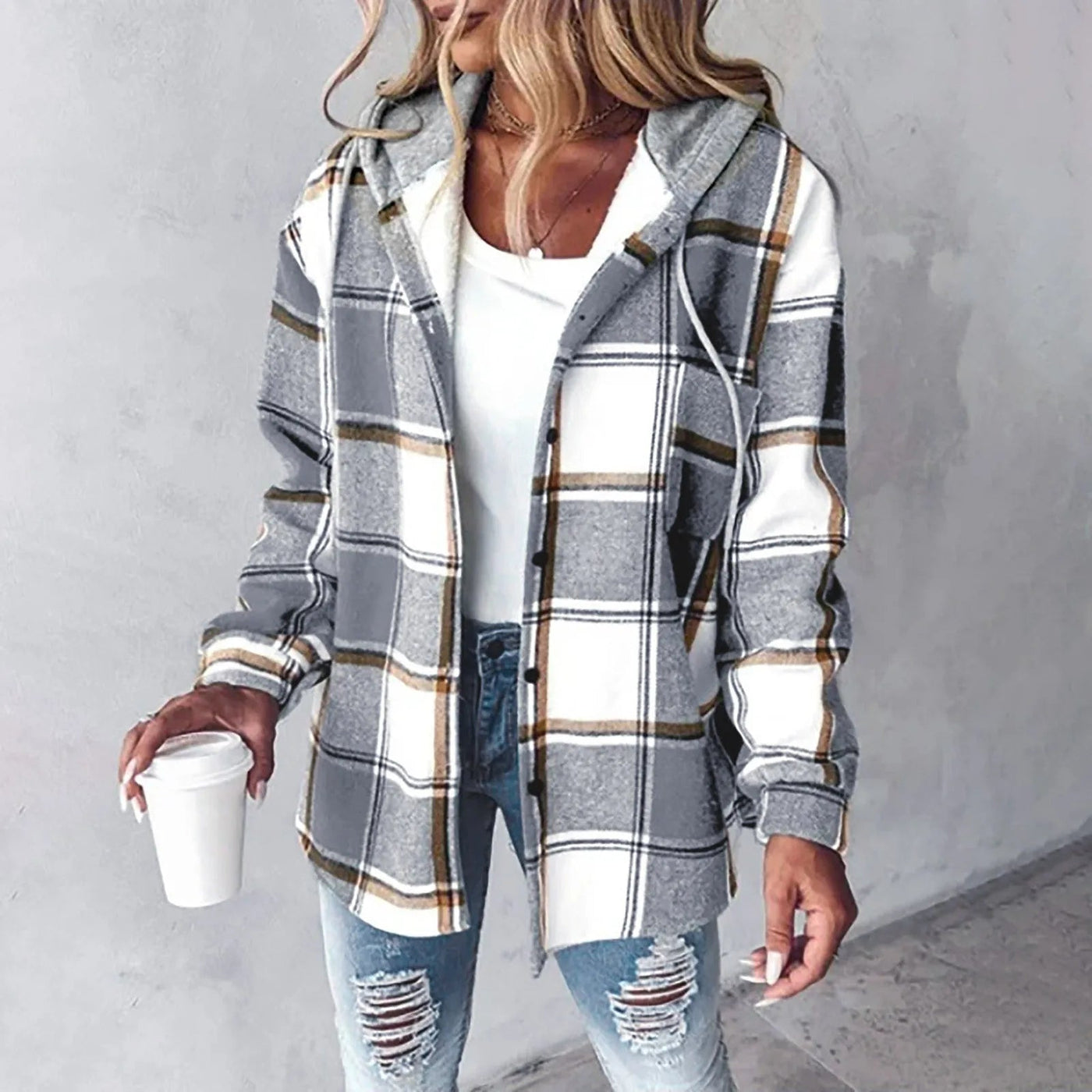 Hooded Jacket - Women's Plaid Fleece Lined Overshirt Jacket for Autumn-Grace Aura