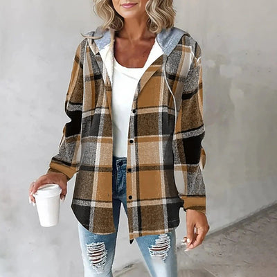 Hooded Jacket - Women's Plaid Fleece Lined Overshirt Jacket for Autumn-Grace Aura