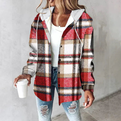 Hooded Jacket - Women's Plaid Fleece Lined Overshirt Jacket for Autumn-Grace Aura