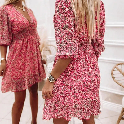 Jessica Summer Dress | Floral dress with puff sleeves and mid waist-Grace Aura