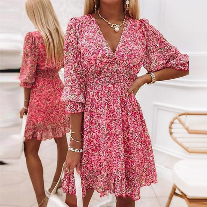 Jessica Summer Dress | Floral dress with puff sleeves and mid waist-Grace Aura