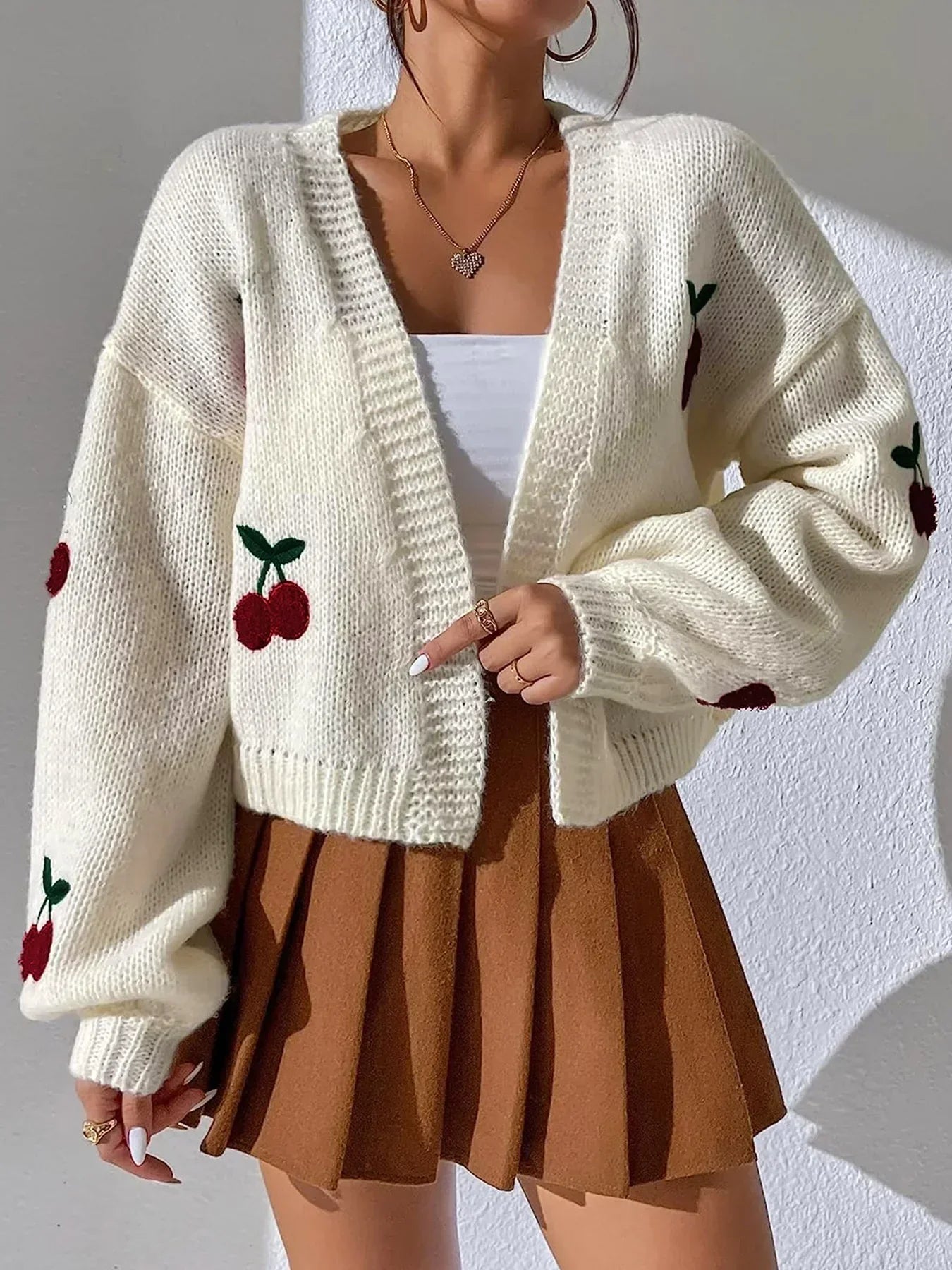 Knit Cardigan - Cherry - White - Chunky Cardigan - Women's Cardigan-Grace Aura