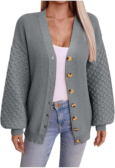 Knit Cardigan - V-Neck - Button-Up - Oversized Cardigan - Women's Knitwear-Grace Aura