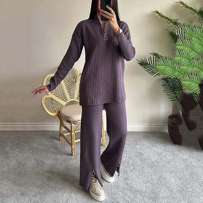 Knit Co-Ord Set | Ribbed | Long Sleeve | Knit Two-Piece Set | Women's Loungewear-Grace Aura