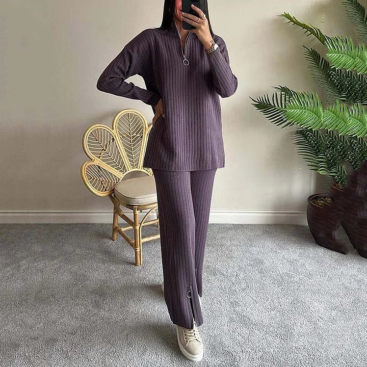 Knit Co-Ord Set | Ribbed | Long Sleeve | Knit Two-Piece Set | Women's Loungewear-Grace Aura