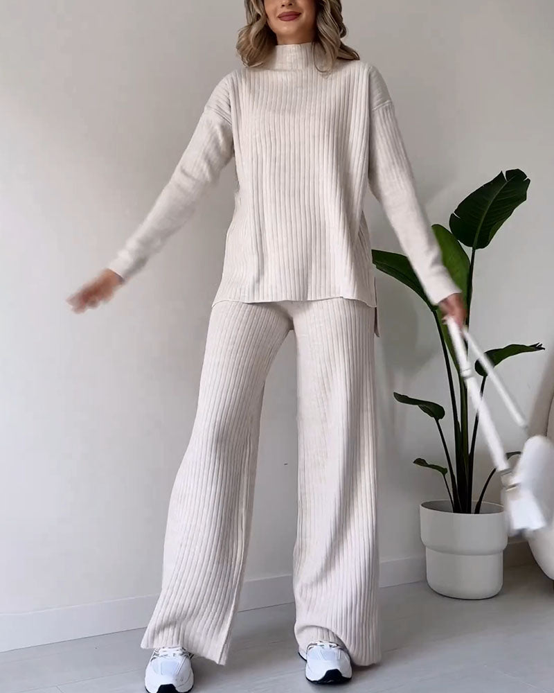 Knit Co-Ord Set - Turtleneck - Knitted Pants - Two-Piece Set - Women's Loungewear-Grace Aura