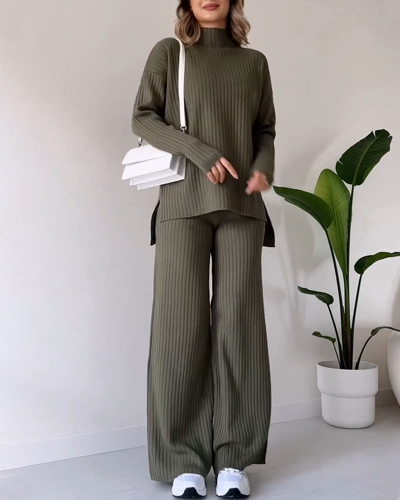 Knit Co-Ord Set - Turtleneck - Knitted Pants - Two-Piece Set - Women's Loungewear-Grace Aura