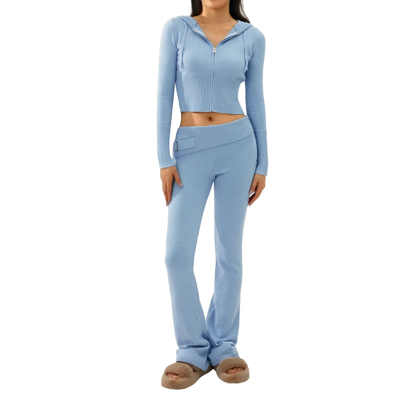 Knit Lounge Set | Hooded | Zip-Up | Knit Two-Piece Set | Women's Loungewear-Grace Aura